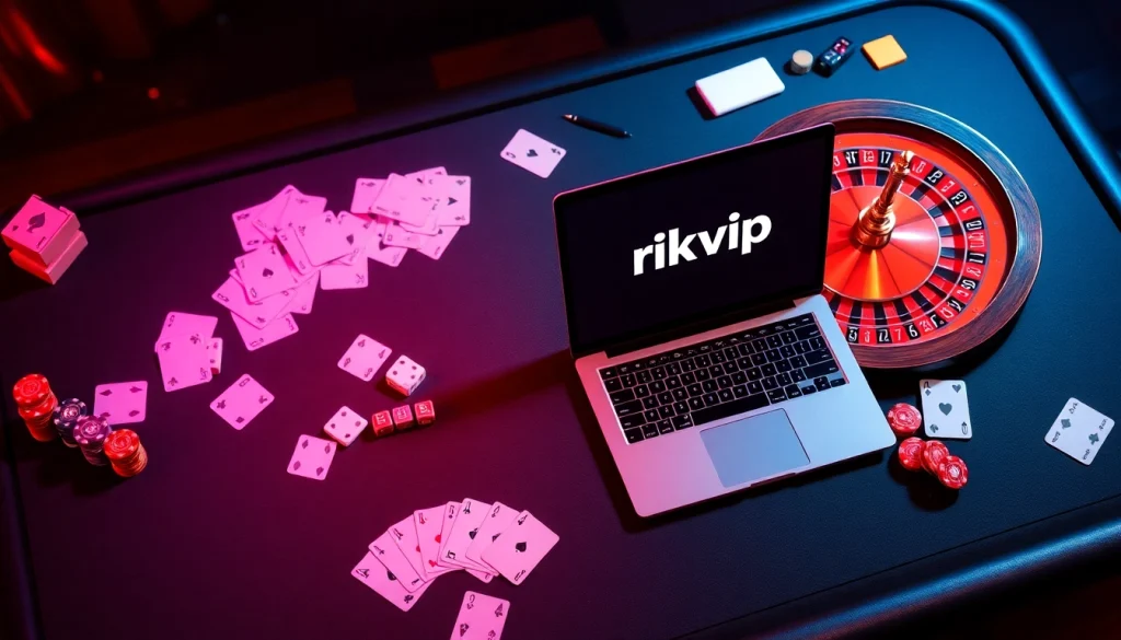 Experience the excitement of rikvip with immersive casino visuals showcasing cards, chips, and roulette.