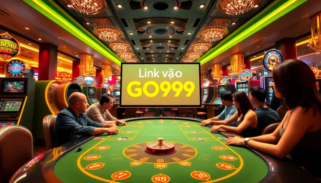 Experience the excitement of gambling with the Link vào GO99 shown prominently in a luxurious casino setting.