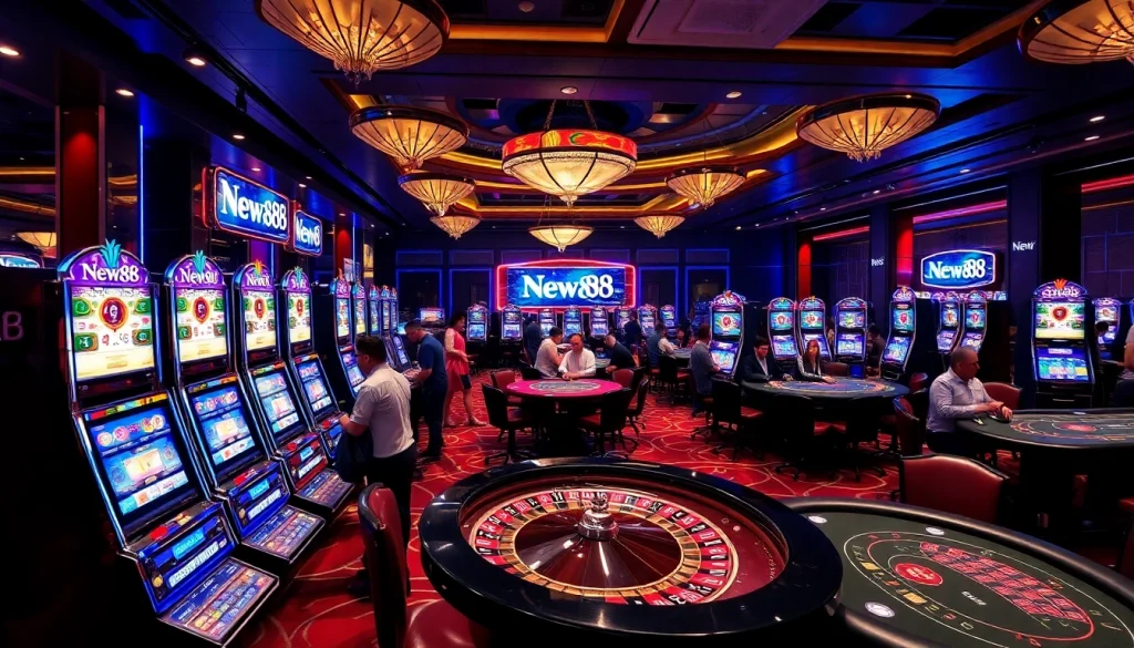 New88 players enjoying a lively casino atmosphere with vibrant slot machines and roulette.