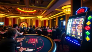 Players enjoying a kkwin gaming experience at a vibrant casino, with poker chips and roulette wheel.