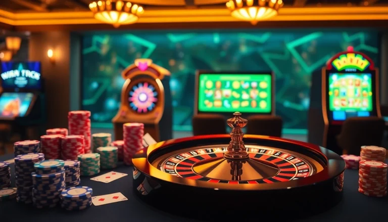 Experience thrilling gameplay at ABC8 with vibrant casino elements, poker chips, and a roulette wheel.