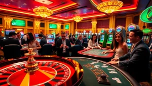 Players enjoying a lively casino atmosphere with u888, featuring a roulette wheel and poker table.