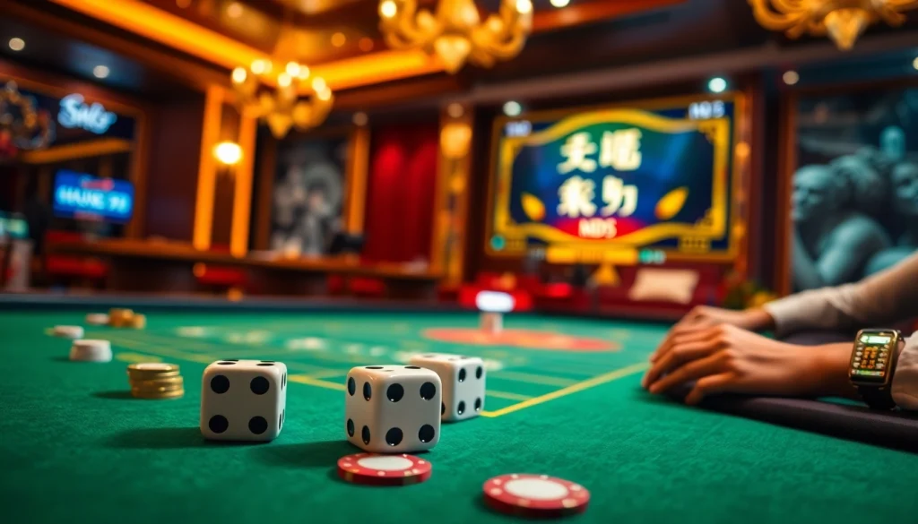 Tái Xỉu MD5 gaming table showcasing vibrant action and excitement in a luxurious casino setting.