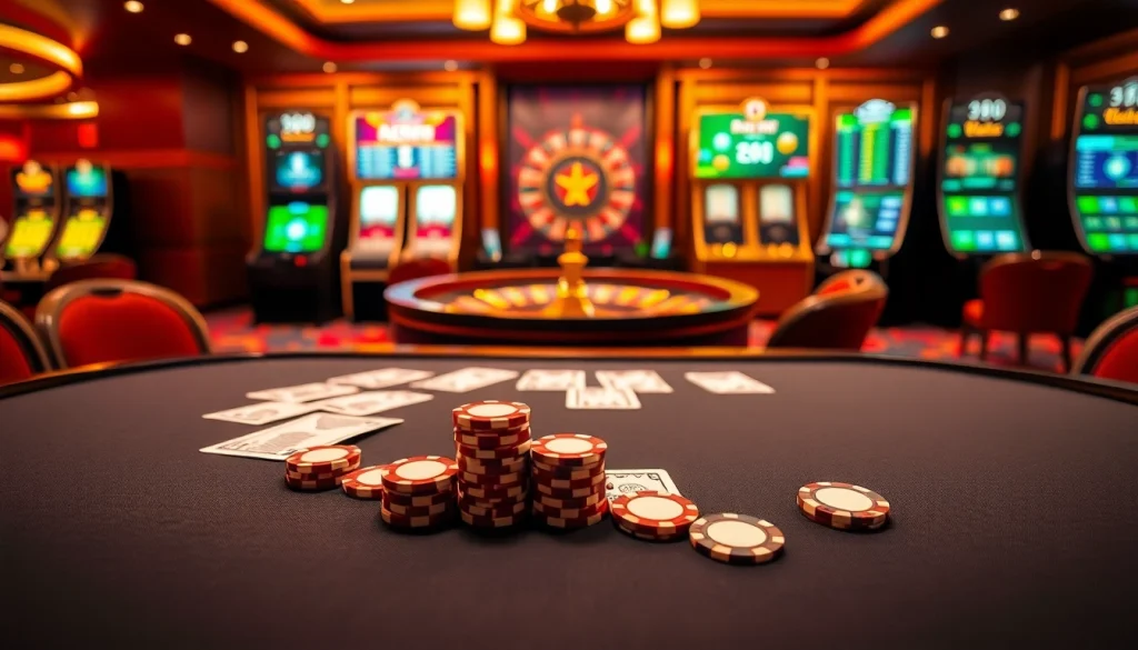 Experience the thrill of gambling at 2PH222 COM with vibrant casino visuals showcasing poker and roulette.