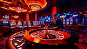 Experience thrilling gameplay at U888 with a luxurious casino setup showcasing roulette and digital slots.