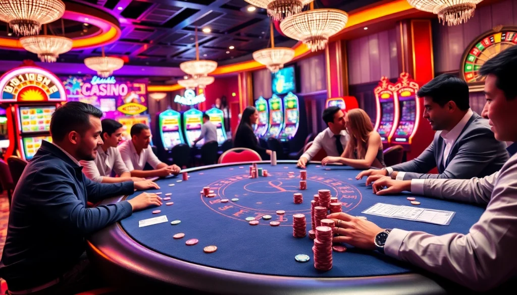 Engaging poker action at a thrilling casino, featuring players and colorful chips at https://go8vni.com/.