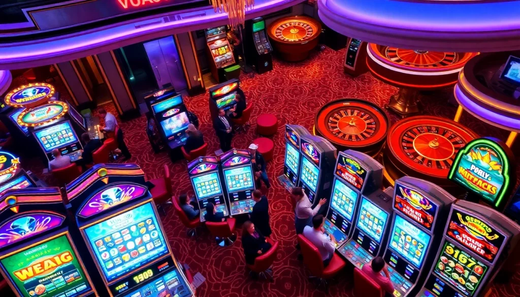 Players enjoying vibrant slot machines at Vua99.lat Casino, highlighting excitement and winning chances.