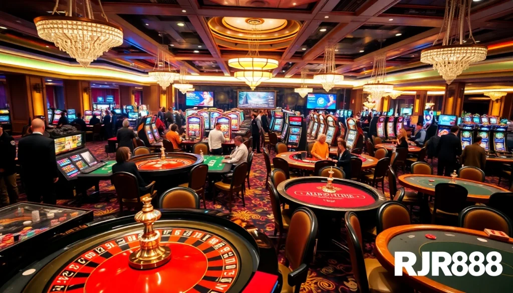 Experience the excitement of RR88 at a luxurious casino with vibrant games and tables.