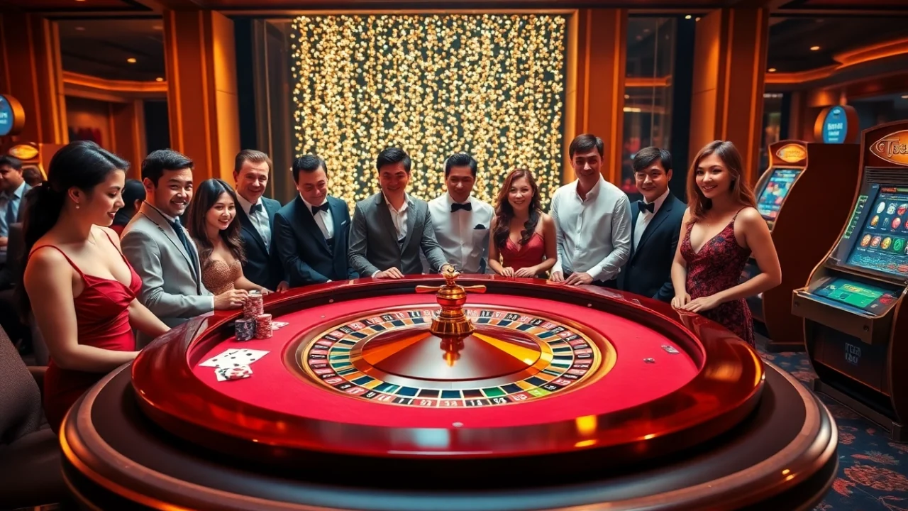 Experience the excitement of gaming at TG777, featuring luxury tables, vibrant cards, and joyful players.