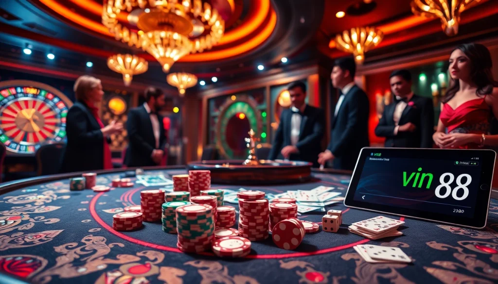 Enjoying a thrilling game at the vn88 casino with vibrant poker chips and players engaged in strategy.
