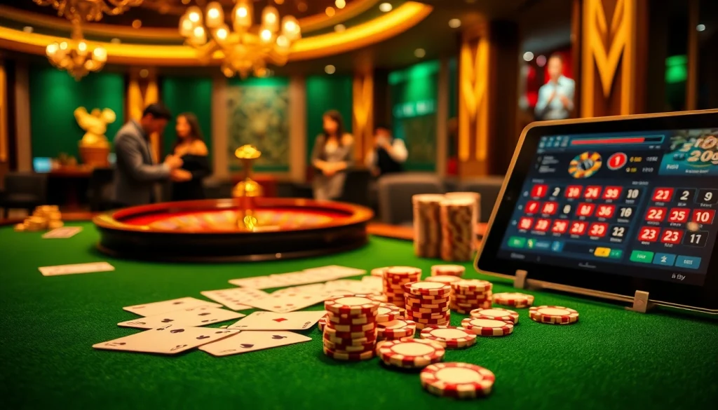 Gamblers placing bets at a poker table and roulette wheel at https://king33.io/, showcasing an engaging casino atmosphere.