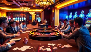Players enjoying high-stakes gambling at MK8 themed casino table with vibrant slots and well-lit roulette.