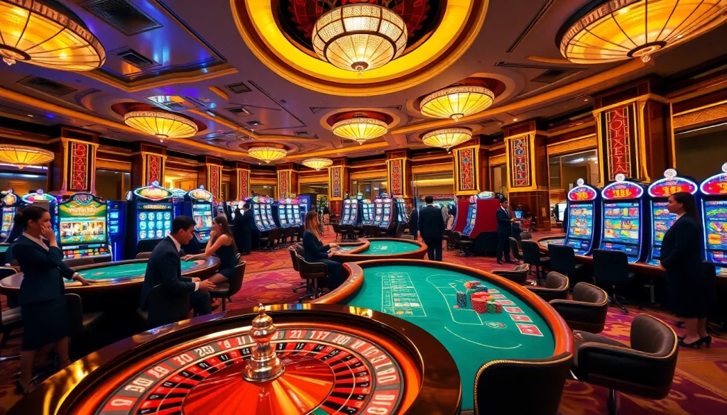 Experience the excitement of M88 casino with vibrant slot machines and an elegant poker table.