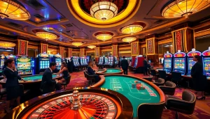 Experience the excitement of M88 casino with vibrant slot machines and an elegant poker table.
