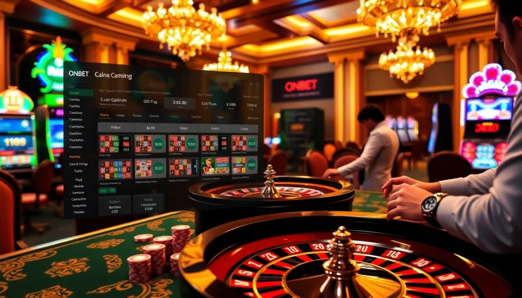 Exciting gaming scene at ONBET casino with roulette, poker chips, and slot machines.