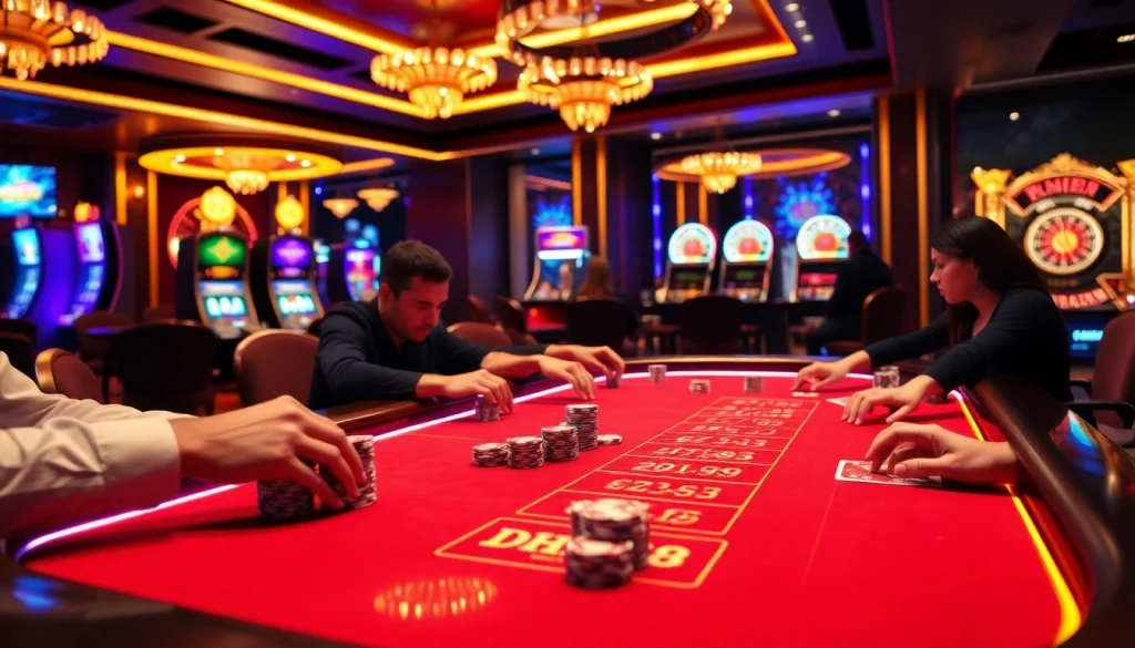 Engaging scene of players at a DH88-themed casino table showcasing poker excitement and professionalism.
