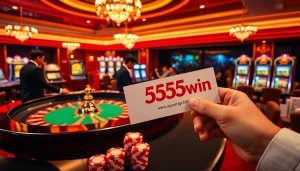 High-stakes excitement at 555win casino with a luxurious roulette table and vibrant slot machines.