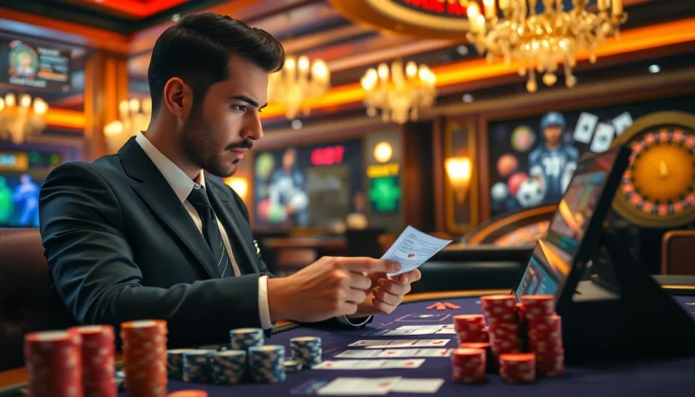Understanding แทงบอลยังไง through a professional gambler analyzing football betting odds in a luxurious casino.