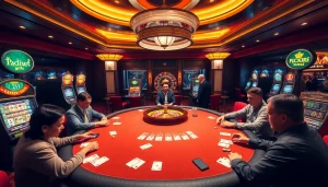 Enthusiastic players engage at the poker table in the Hit club casino ambiance.