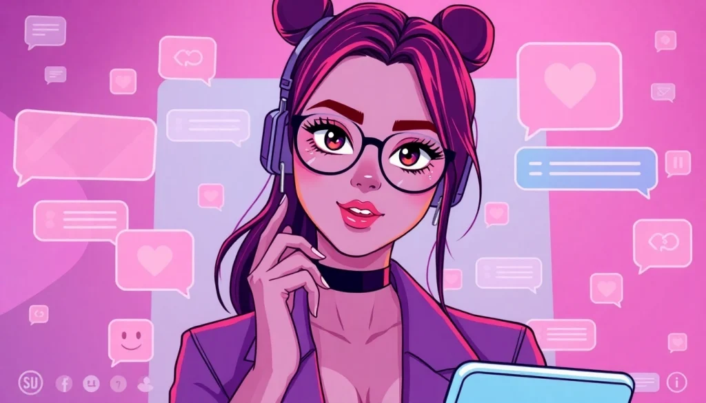 Vibrant NSFW character engaging in playful AI chat with digital elements.