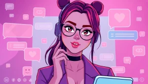 Vibrant NSFW character engaging in playful AI chat with digital elements.