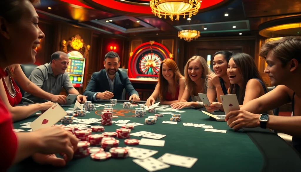 Xoso66 players celebrating at a vibrant casino table with cards and poker chips.